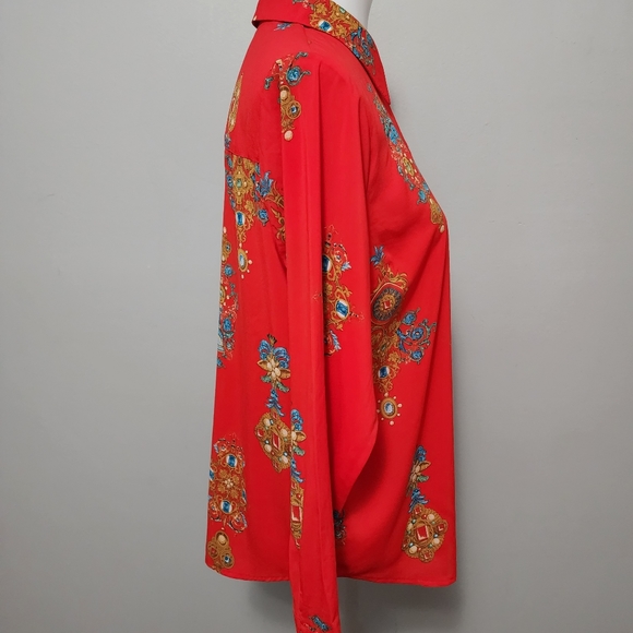 Motto Fashions Red Orange Status Print Chiffon Button Down Size 10 - Picture 4 of 9